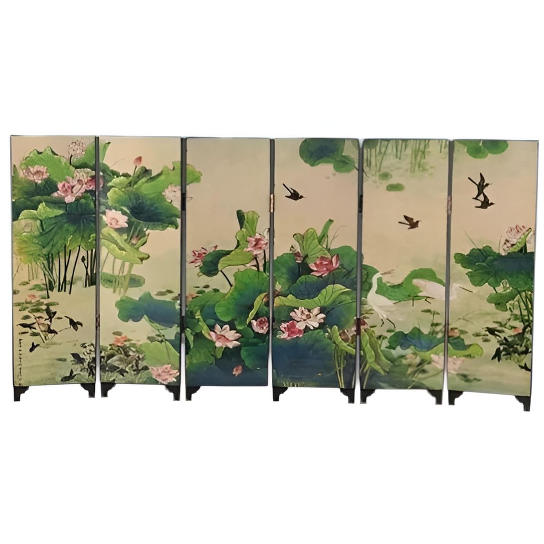 Hand-Painted Lotus Birds Design Folding Screen: Size: Height 24 cm - Length 47 cm - Thickness 0.76 ?m. Weight 580 g. Number of panels 6 units. Materials: Wood, lacquering. Condition: Resembles a retro aesthetic. This exquisite folding screen