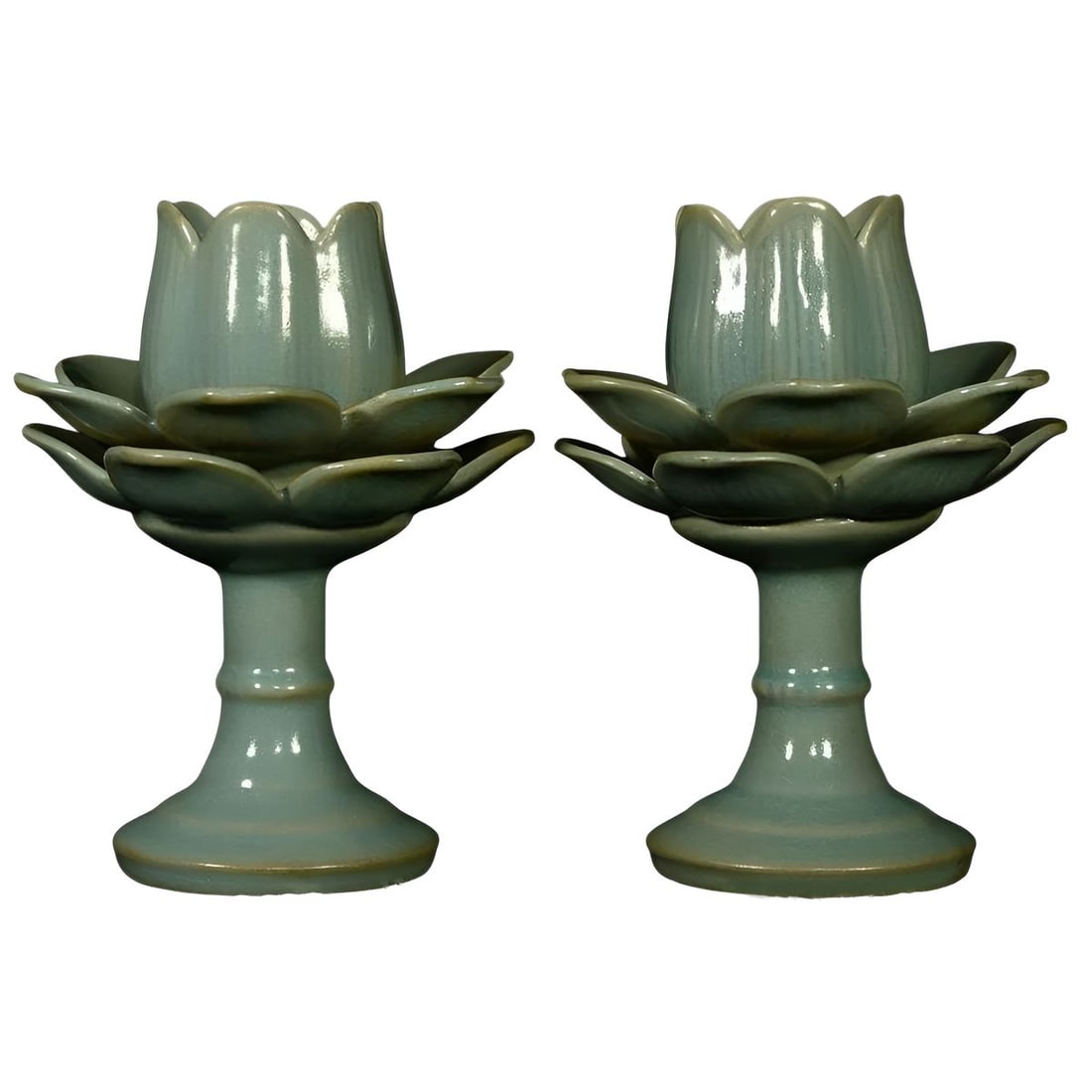 Vintage Green Porcelain Lotus Candle Holders Pair (1 of 8)