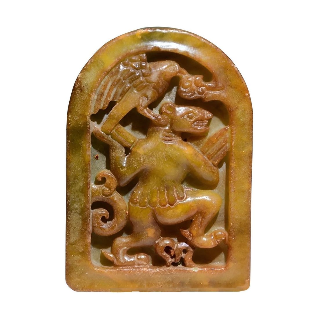 Hand-Carved Jade Mythical Figure Bird Belt Buckle: Size: Height 7.11 cm - Width 5.08 cm - Thickness 2.03 ?m. Weight 0.3 kg (included the weight of packing materials). Materials: Jade. Condition: Looks like vintage. This is a vintage style carved jade 