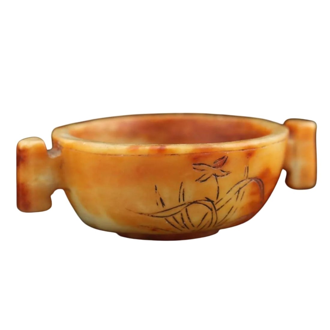 Orange Jade Carved Flower Motif Bowl Tableware: Size: Height 3.1 cm - Length 8.8 cm - Width 6.5 cm. Materials: Jade. Condition: Appears to have a classic aesthetic. This orange jade bowl features a delicately carved flower motif, blending natural e