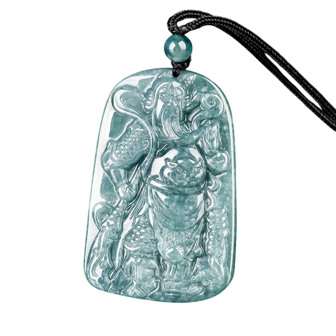 Handmade Jade Chinese Military God Motif Pendant: Size: Height 4.7 cm - Length 3.15 cm - Width 0.6 cm. Weight 18.5 g. Materials: Jade. Condition: Excellent. This hand-carved blue jade pendant features a finely detailed carving of a Chinese military g