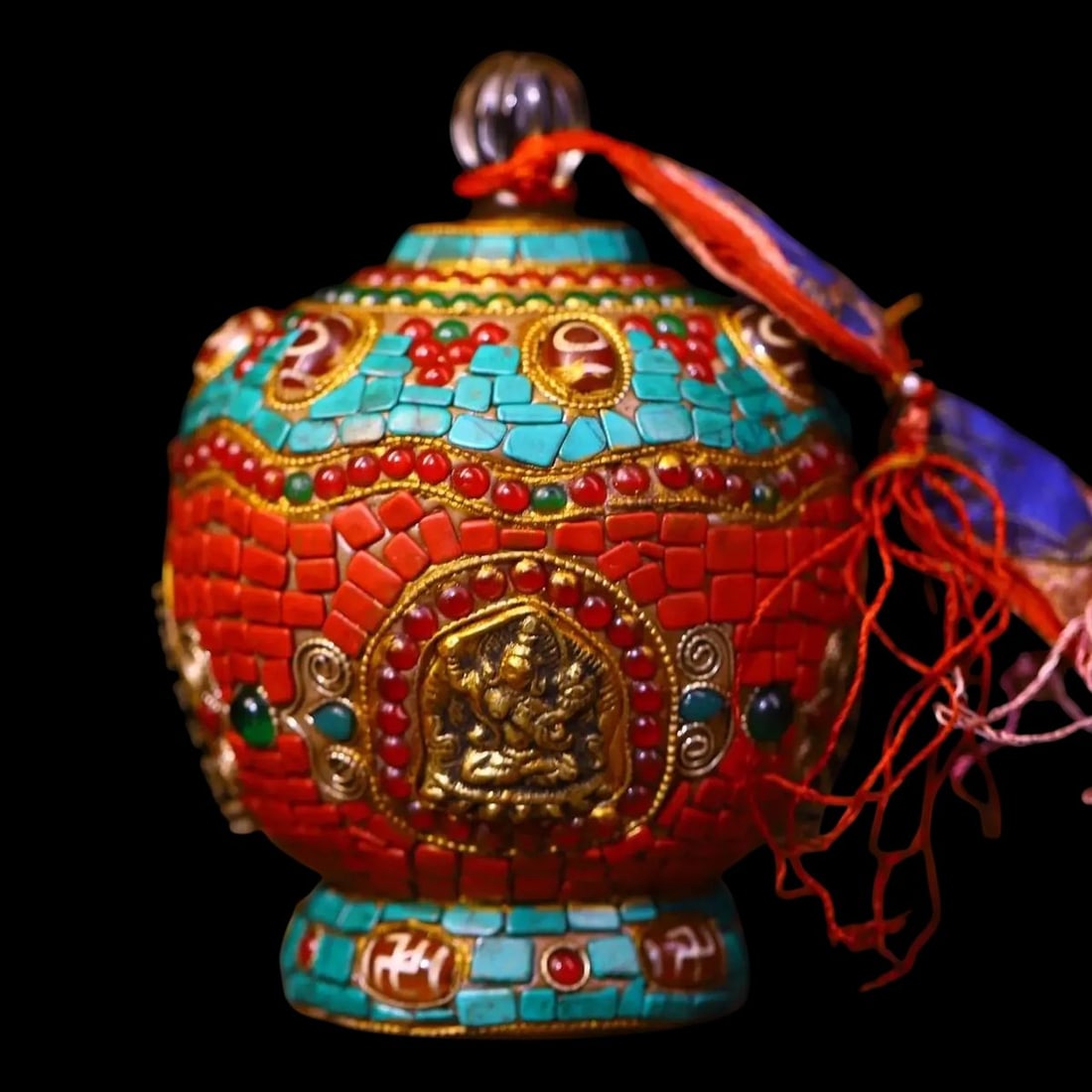 Tibetan Silver Gilded Mosaic Gems Treasure Jar: Size: Height 13 cm - Length 10 cm - Width 10 cm. Weight 1450 g. Materials: Tibetan silver, gilt, mosaic gems, crystals, turquoise, cinnabar. Condition: Excellent. This Tibetan silver pagoda treasure j