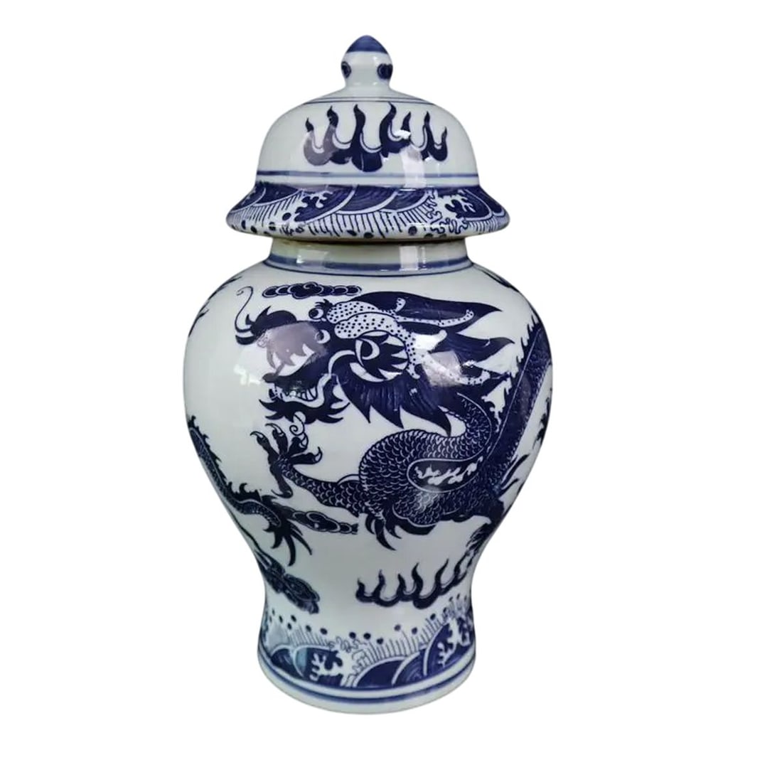 Ceramic Blue White Chinese Loong Ornament Jar: Size: Height 30.5 cm - Length 17.5 cm - Width 17.5 cm. Materials: Ceramic, enamel. Condition: Excellent. This ceramic jar features a classic blue and white design with a detailed Chinese loong (dragon