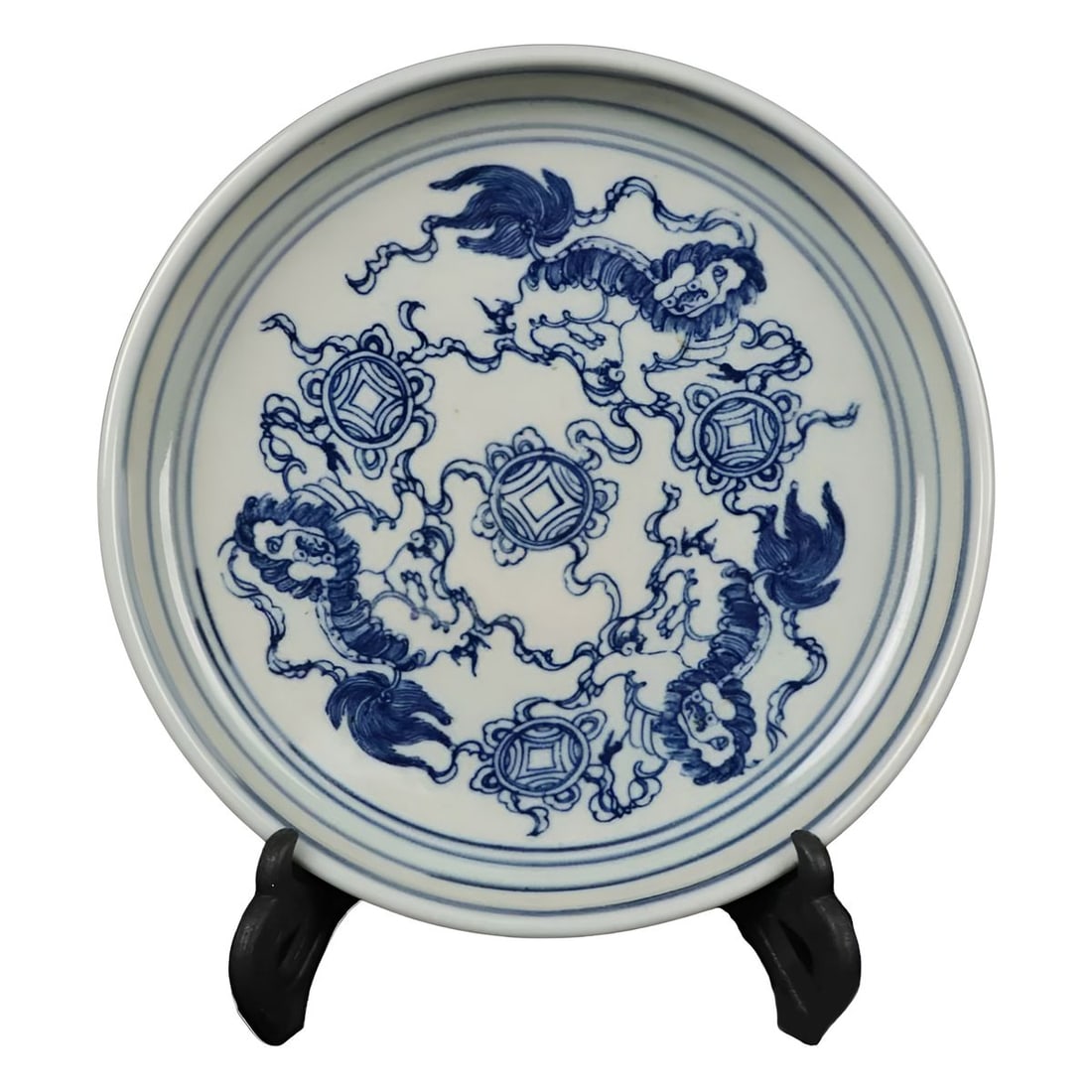 Chinese White Blue Porcelain Beast Ornament Plate: Size: Height 4 cm - Diameter 19.2 cm. Materials: Ceramic. Condition: Looks like vintage. This Chinese retro-inspired white and blue porcelain plate features a finely painted beast ornament motif, embo