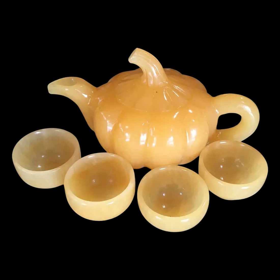Vintage Asian Jade Pumpkin Design Tea Pot Cups Set: Size: Teapot Height 7 cm - Teapot Diameter 10 cm. Materials: Jade. Condition: Appears to have a classic aesthetic. This vintage-inspired jade tea pot set showcases exquisite craftsmanship, featuring