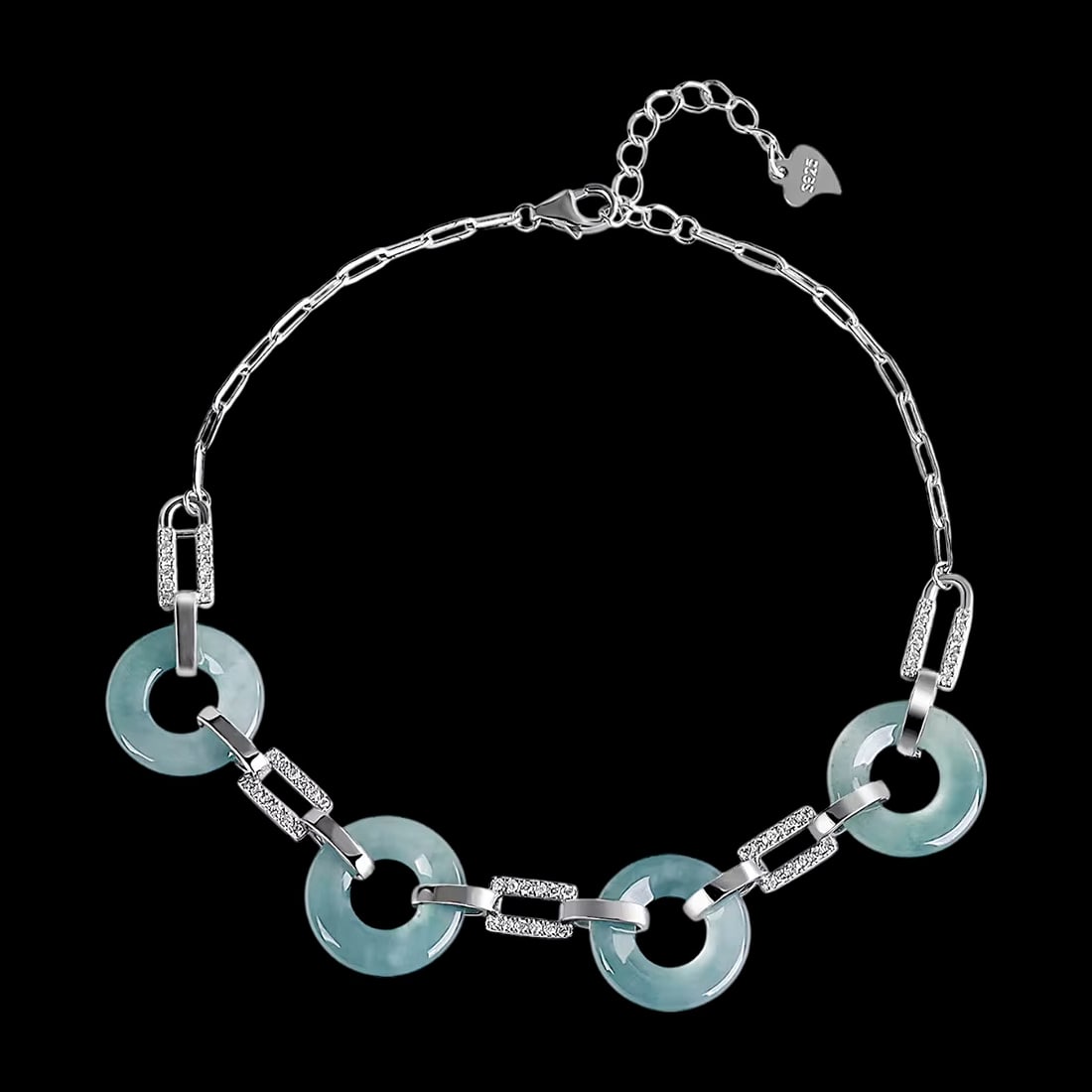 Pure Silver Light Blue Jade Stone Design Bracelet: Size: Length 18-23 cm - Jade Diameter 1.3 cm - Jade Thickness 0.25 cm. Weight 6.4 g. Materials: S925 Sterling silver, jade. Condition: New. This pure silver bracelet features a stunning arrangement