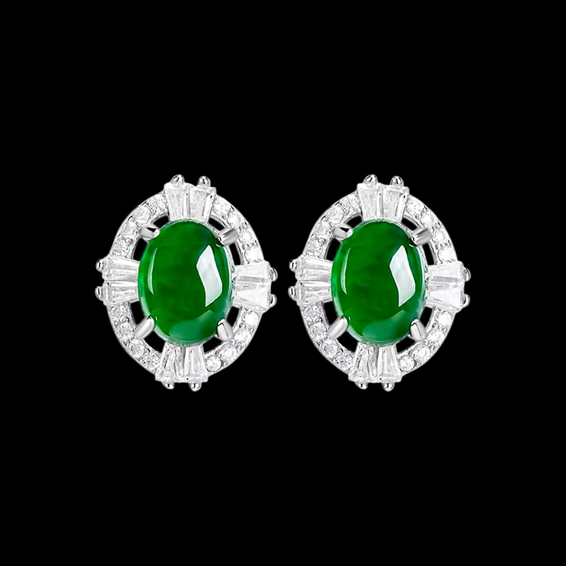 Bright Green Jade Silver Oval-Shaped Earrings: Size: Jade Height 0.8 cm - Jade Width 0.6 cm - Earring Diameter 1.35 cm. Weight 2.6 g. Materials: S925 Sterling silver, jade. Condition: New. These oval-shaped earrings showcase the beauty of bright