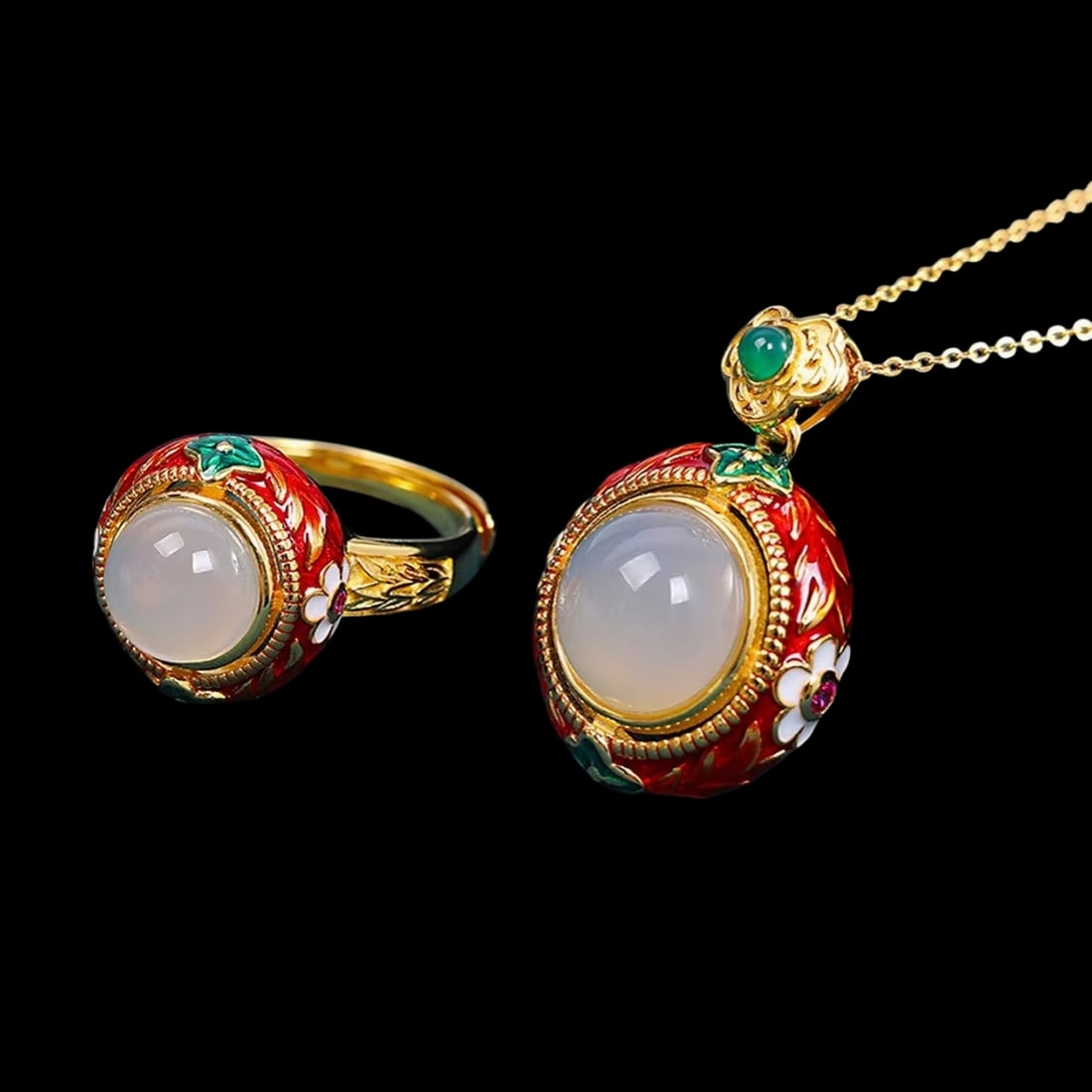 White Jade Enamel Gilt Silver Ring Pendant Set: Size: Pendant Length 2.9 cm - Pendant Width 2 cm - Ring Stone Diameter 1.55 cm. Weight 6.8 g. Materials: S925 Sterling silver with gold plating, jade, enamel. Condition: New. This white jade enamel gi