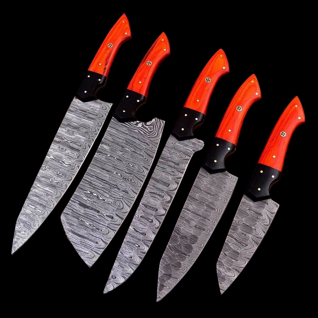 Five Damascus Steel Chef Knife Set Orange Handles (1 of 5)