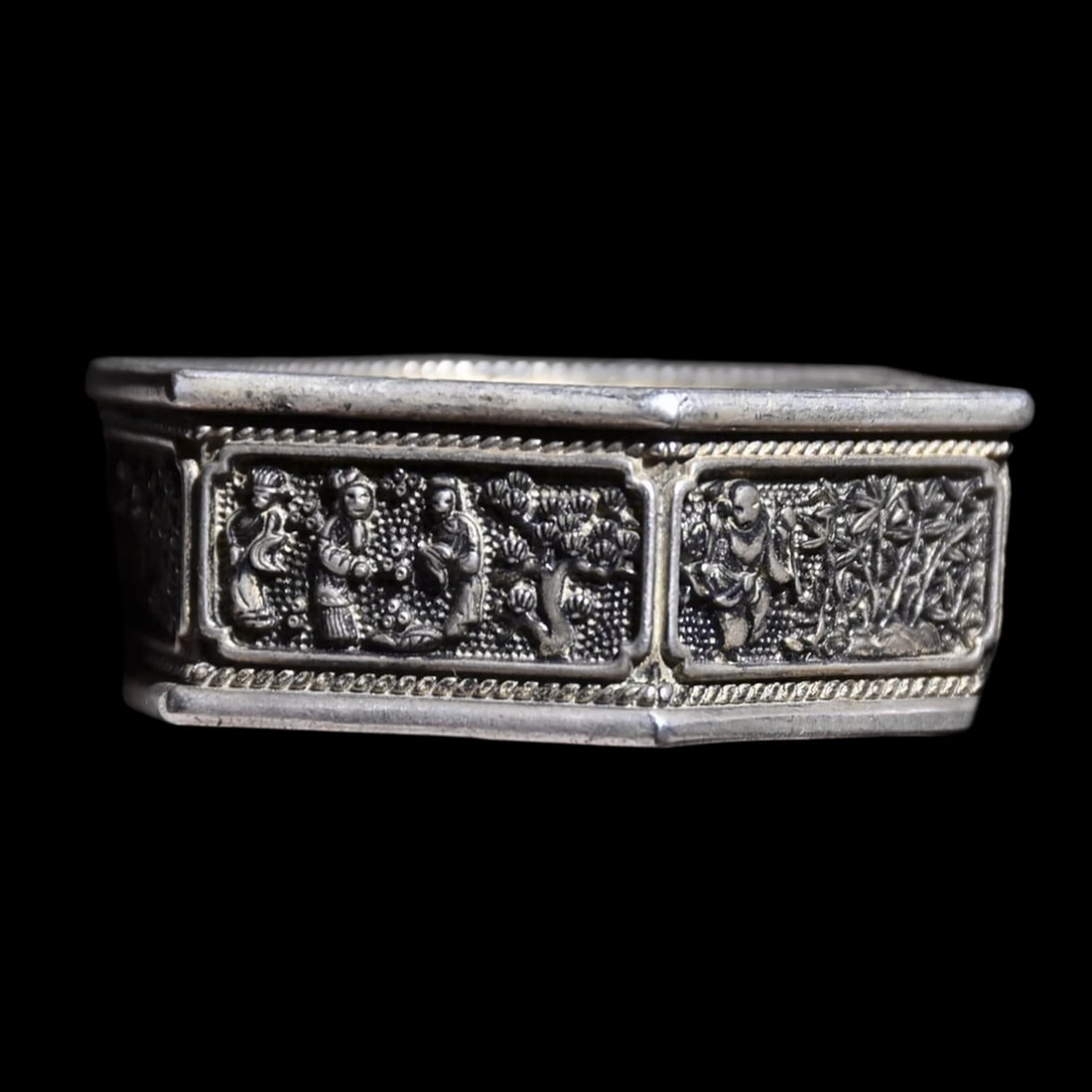 Old-Style Hexagonal Tibet Silver Engraved Ink Box - 4