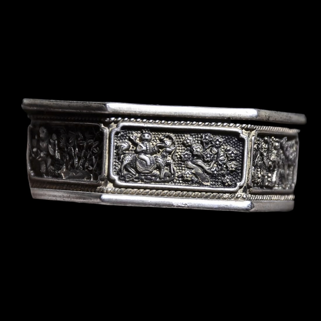 Old-Style Hexagonal Tibet Silver Engraved Ink Box - 5