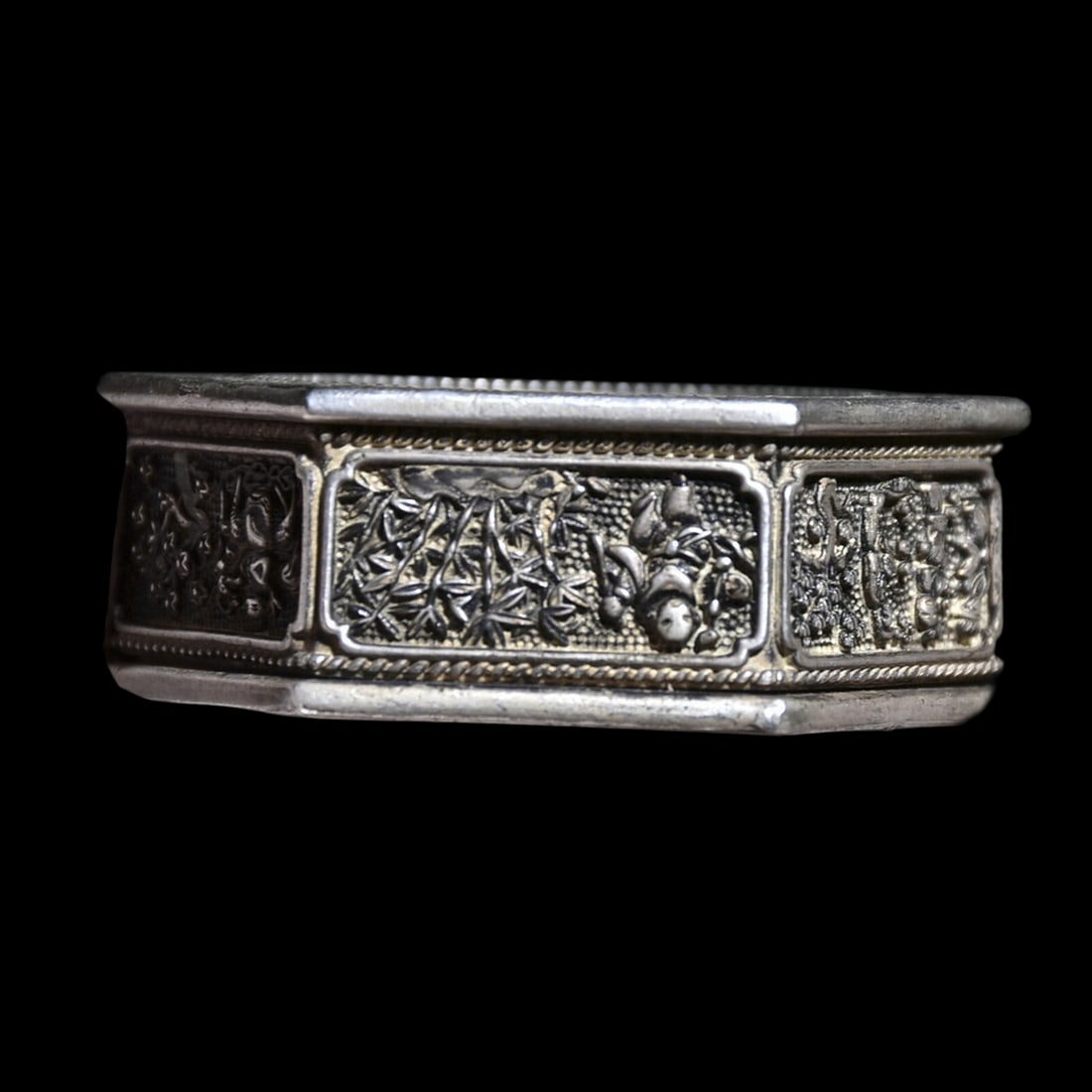 Old-Style Hexagonal Tibet Silver Engraved Ink Box - 6