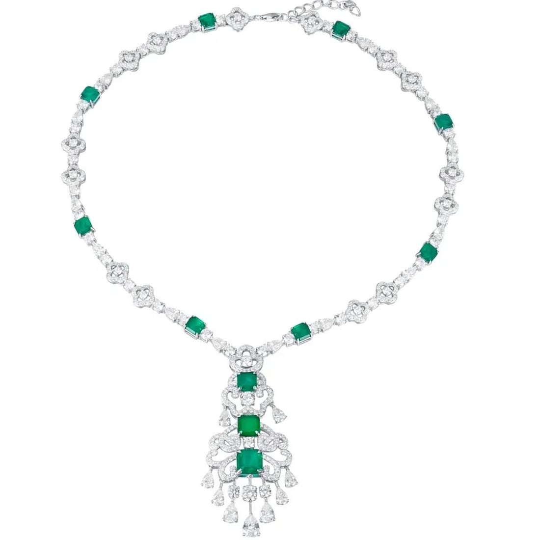 Emerald Zircon Tassel Necklace 925 Sterling Silver: Size: Chain length 49 cm + 5.5 cm (extension chain) - Pendant height 7 cm - Pendant width 3 cm. Materials: 925 sterling silver, lab emerald, zircon. Condition: New. Crafted from 925 sterling silver,