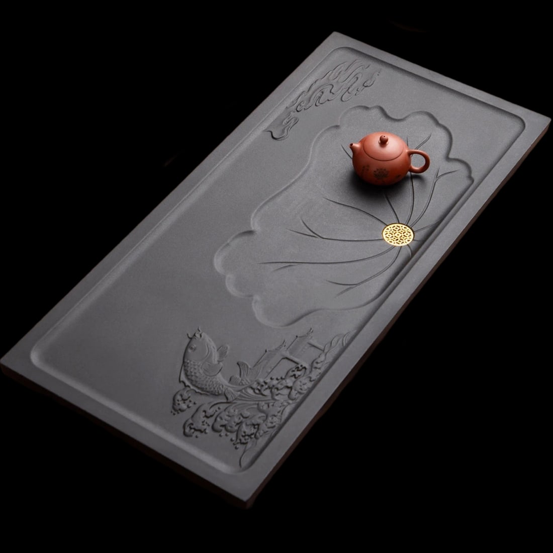 Large Stone Tea Brewing Tray Recessed Lotus Leaf Design (1 of 3)