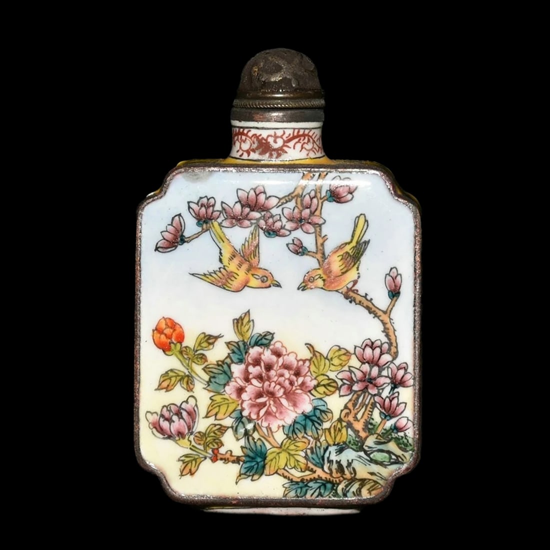 Snuff Bottle Painted Yellow Pink Floral Motifs (1 of 9)