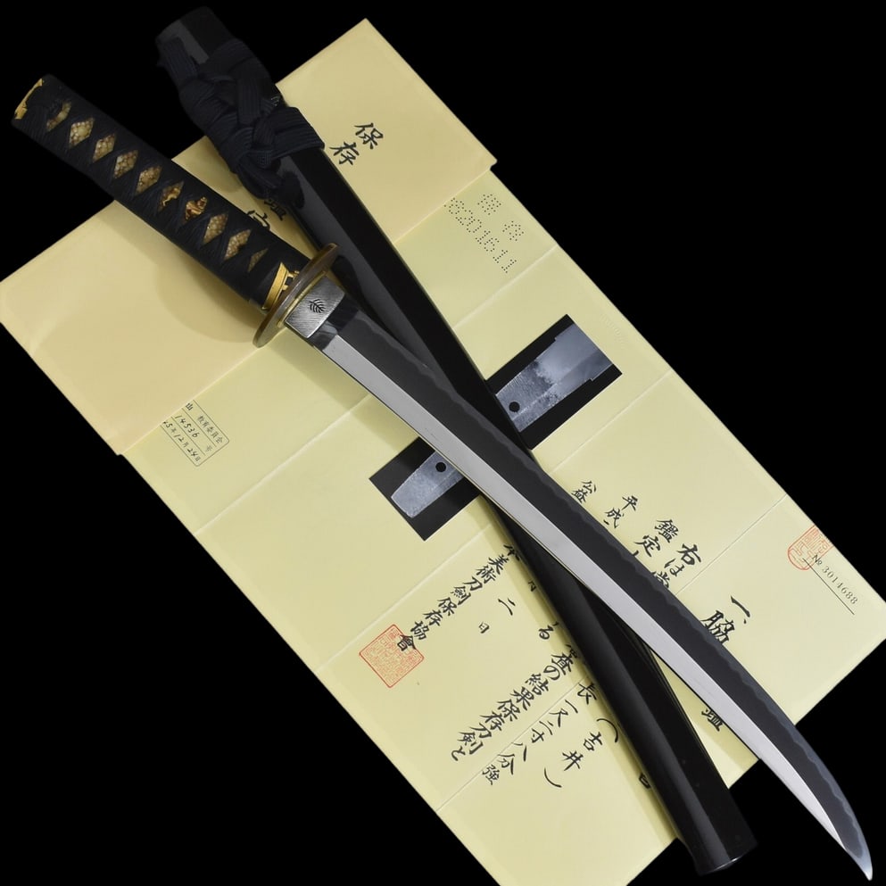 Japanese Katana Sword Wakizashi Yoshii Steel Blade: Size: Overall Length 70 cm - Blade Length 38.9 cm - Curvature 0.8 cm. Weight 819 g. Blade Weight 361 g. Materials: Tamahagane steel Condition: Excellent (normal signs of wear, scratches, scars, and st