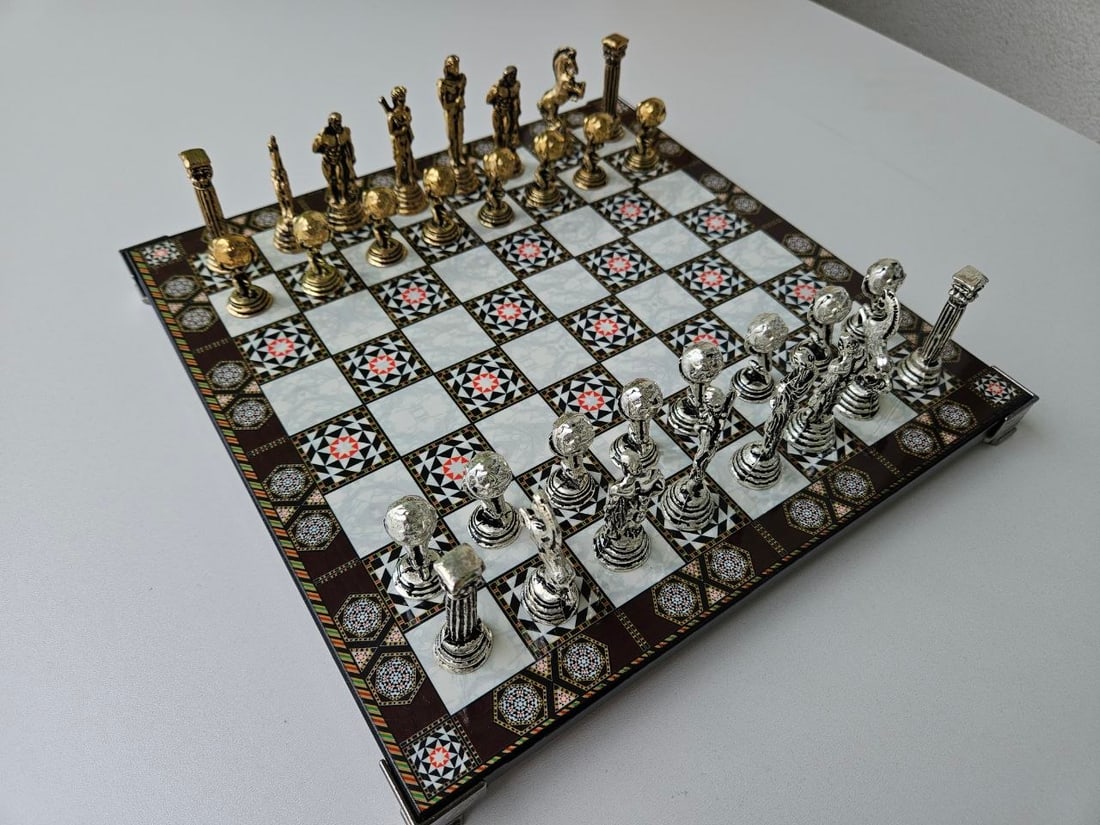 Gold Silver Greek Mythology Chess Set with Mosaic Board (1 of 6)
