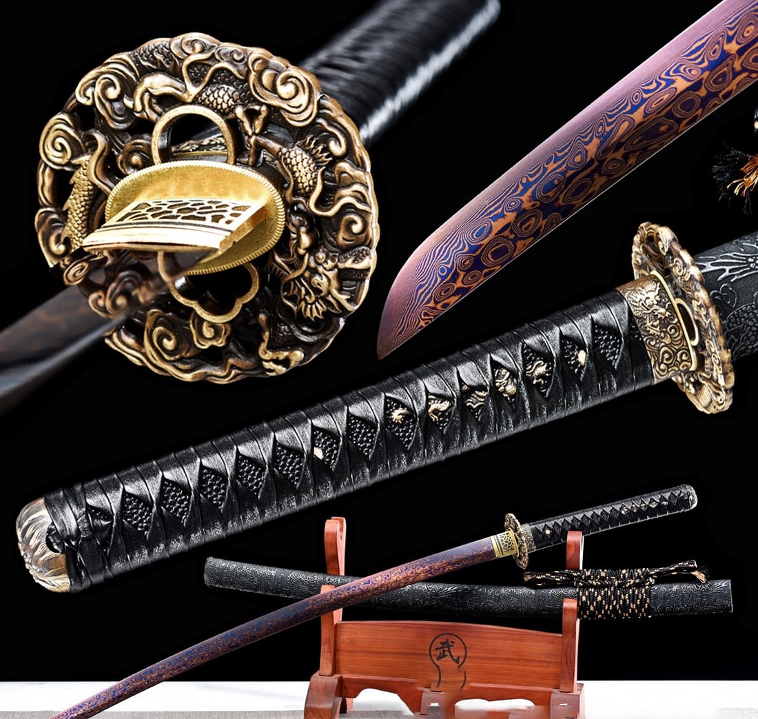 Hand Forged Dragon Katana, Full Tang Damascus Folded Steel Japanese Samurai Sword: This listing is for a handmade Japanese samurai katana, expertly forged and designed for functional use. The sword features a sharp, full tang blade made from Damascus folded steel with a distinctive 
