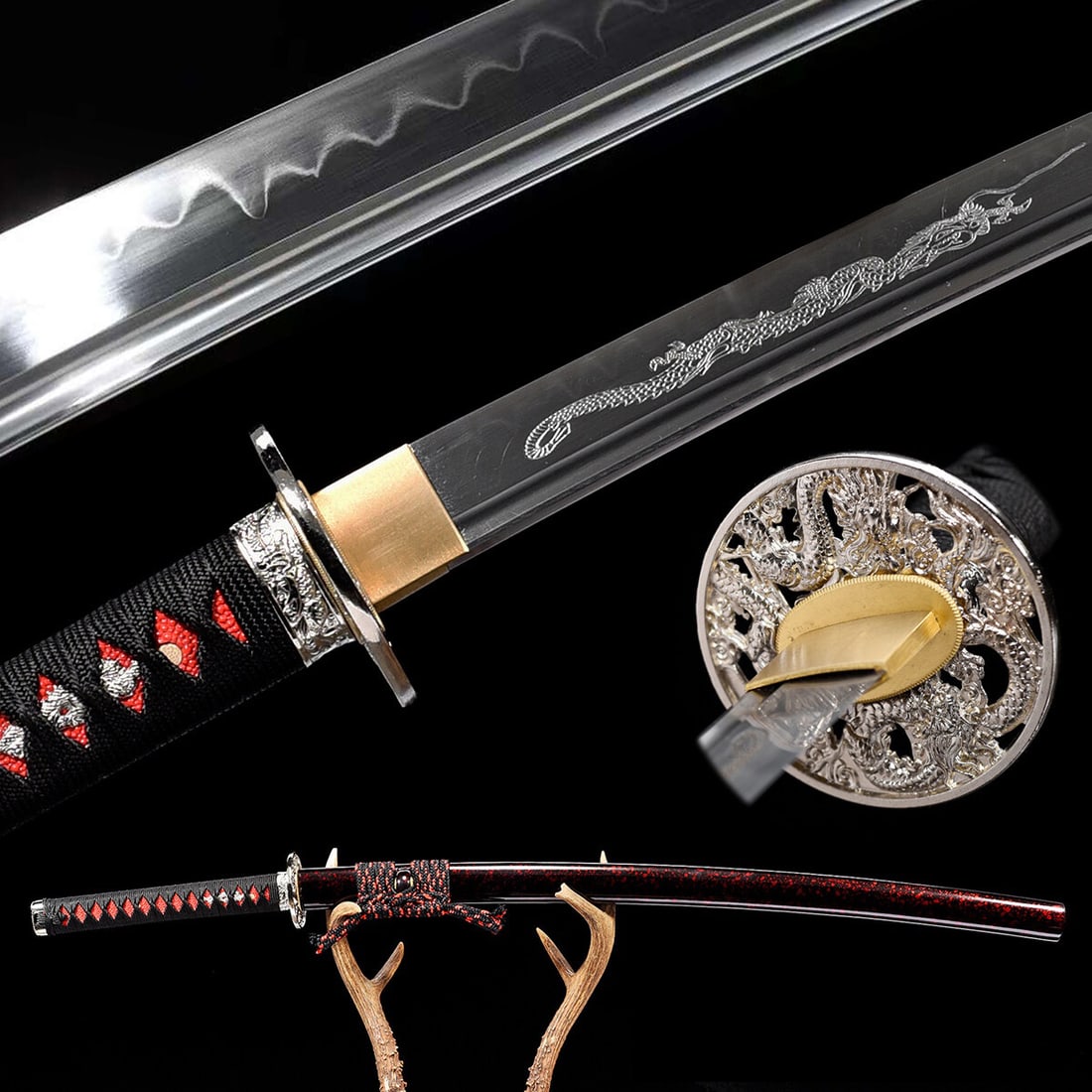 Clay Tempered 1095 Steel Dragon Katana, Full Tang Japanese Samurai Sword, Battle Ready: This listing is for a handmade, functional Japanese Samurai Katana featuring an engraved dragon theme. The sword is traditionally hand forged from 1095 carbon steel and features a genuine clay tempere