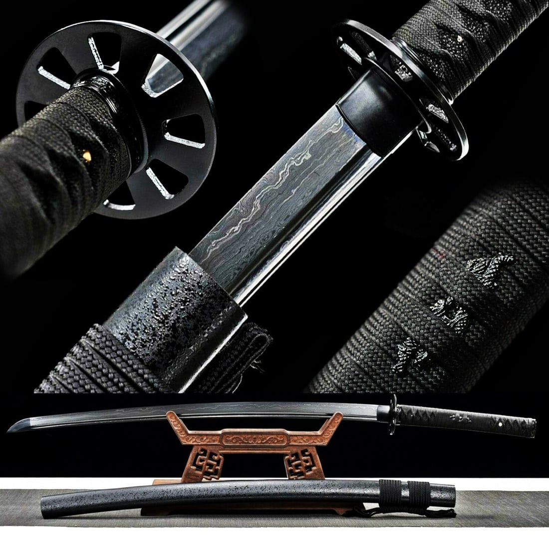 Sharp Full Tang Japanese Katana Sword Black Damascus Folded 1095 Steel Blade: This listing is for a handmade, all black Japanese samurai katana. The sharp, functional blade is hand forged from Damascus folded steel, created by folding 1095 carbon steel 11 times to produce 2048 