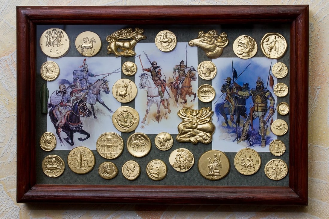 Ancient Gold Coin Set of 32 Roman Greek Scythian Parthian Museum Display: This beautifully framed set features over 30 high-quality replica coins and artifacts from some of the greatest ancient civilizations, including: * Ancient Greece (Athens, Macedon, Thrace) * Roman Emp
