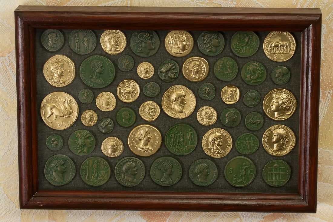 Museum-Grade Ancient Gold and Bronze Denarius Coins: Museum-Grade Ancient Coin Collection of 49 Antique Replicas of Gold and Bronze Denarius Coins. Featuring featuring rare pieces of the Roman Empire, Greek, and African civilizations. This diverse set s