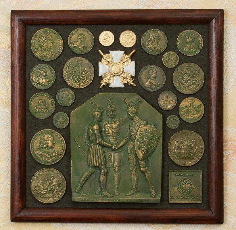 21 Antique Gold, Copper and Bronze Coins and Medals: Museum-Grade Ancient Coin Collection of 21 Antique Replicas of Gold, Copper and Bronze Coins and Medals. Featuring featuring rare pieces of the Russian Empire. This diverse set showcases the rich hist