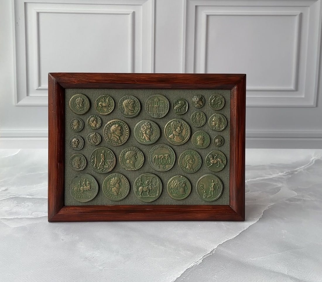Framed Collection of Ancient Roman Empire Denarius Denarii Coin: Museum display of Roman, Greek ancient coins You will receive what you see in the photo, a wooden frame with the coins depicted in the photo, no glass. The coins are replicas of antique coins, made of
