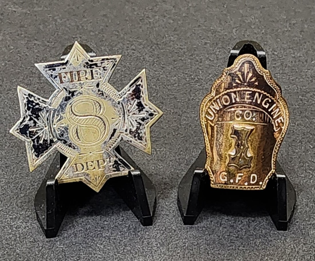 2 Early Engraved Fire Department Badges (1 of 5)