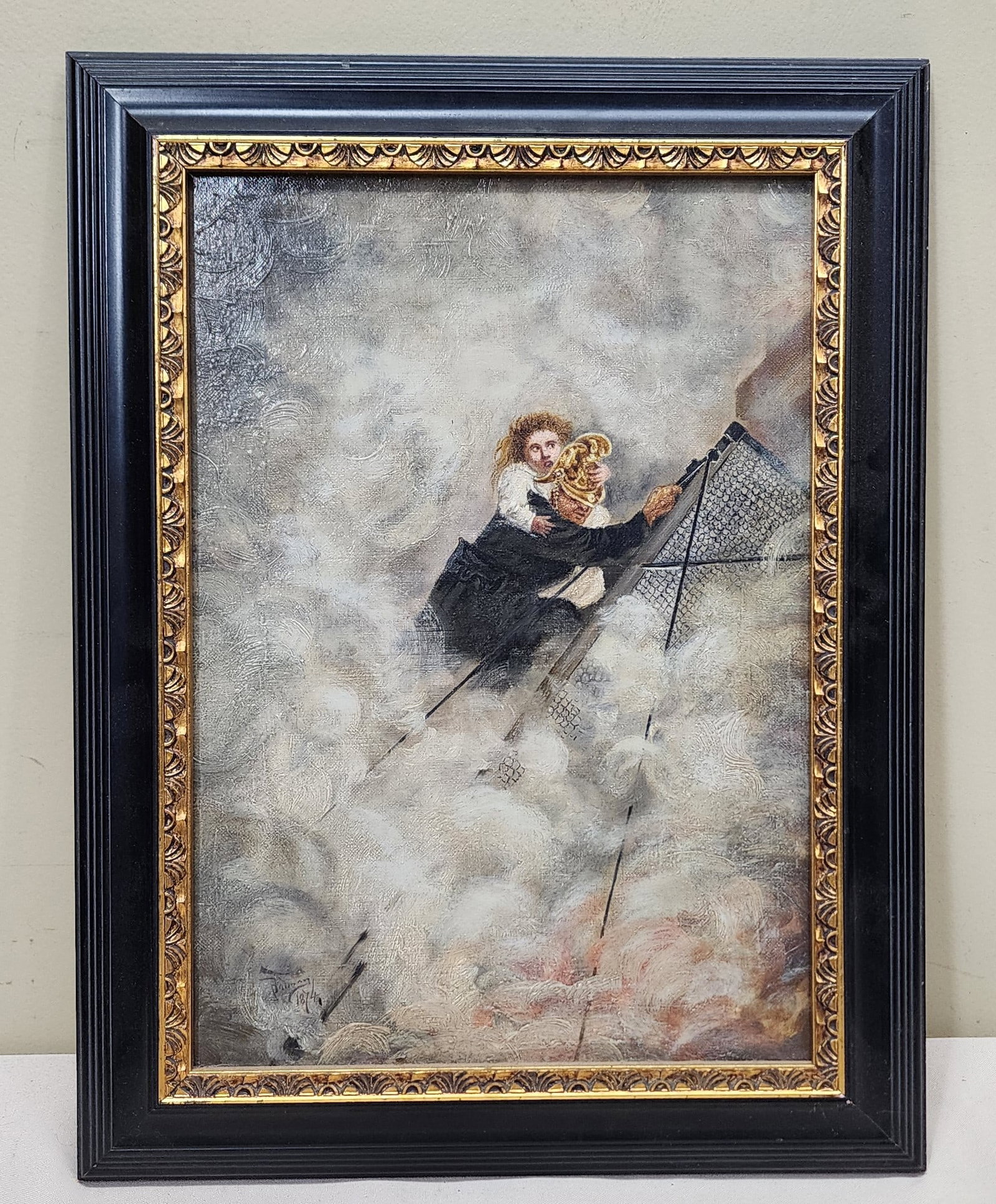 Painting of English Firefighter Rescuing Child: Unsigned oil painting on canvas of an English firefighter rescuing a child doen a ladder with smoke and fire billowing around them. The detail in the painting is quite nice. It measures 13 1/2" by 17"