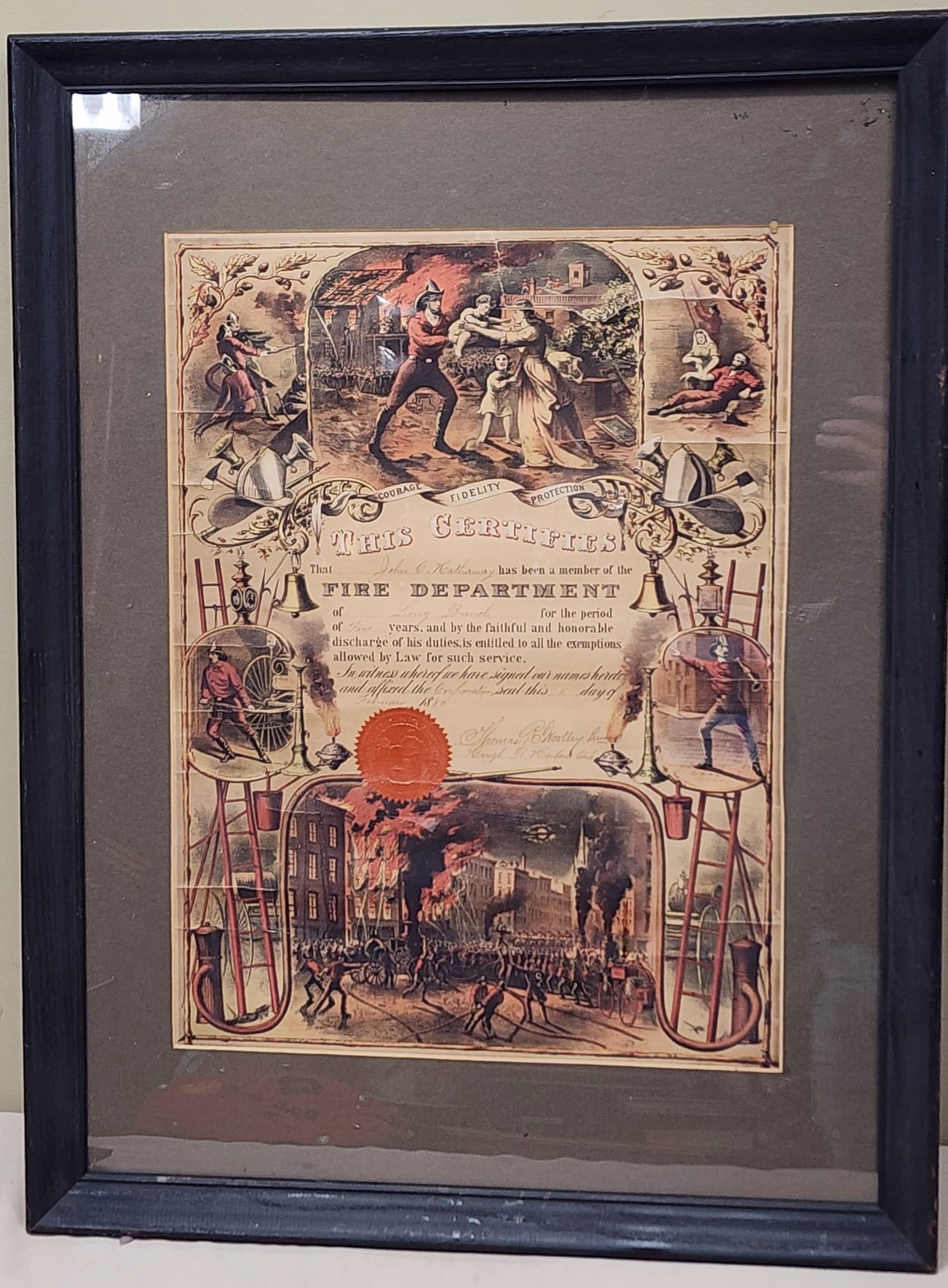 Currier & Ives Fire Department Certificate 1880 Long Branch NJ: This is an original Currier and Ives firefighter certificate from the Long Branch NJ Fire Department. This was given to John Hathaway on February 5, 1880. It is signed by Thomas Woolley, President, an