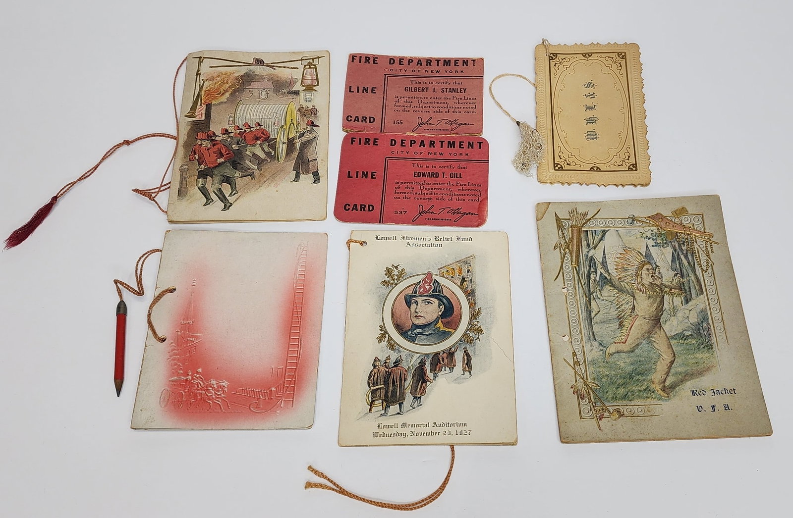 Lot of Firefighter Related Dance Cards & FDNY: Lot includes Wakefield 1909, Washington fire 1874, and two FDNY Fire Line cards