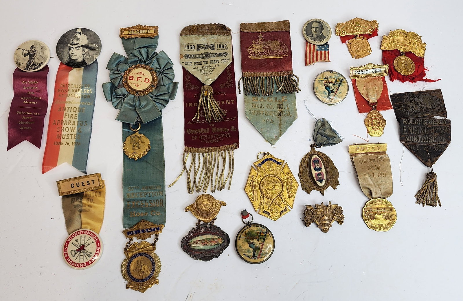 Lot of Firefighting Ribbons and Badges: Includes Binghamton NY and others in as found condition