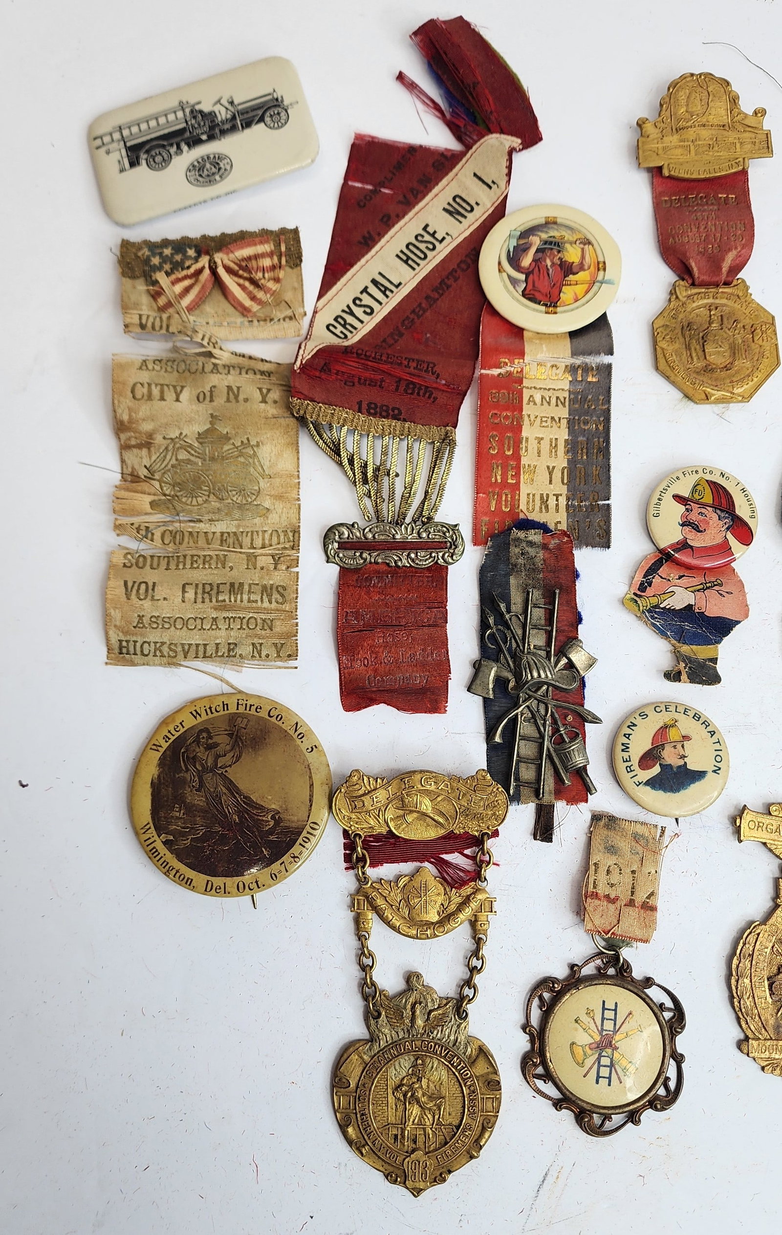 Lot of Firefighting Ribbons and Badges: Includes Reading PA, Mount Vernon NY, Wilmington DE