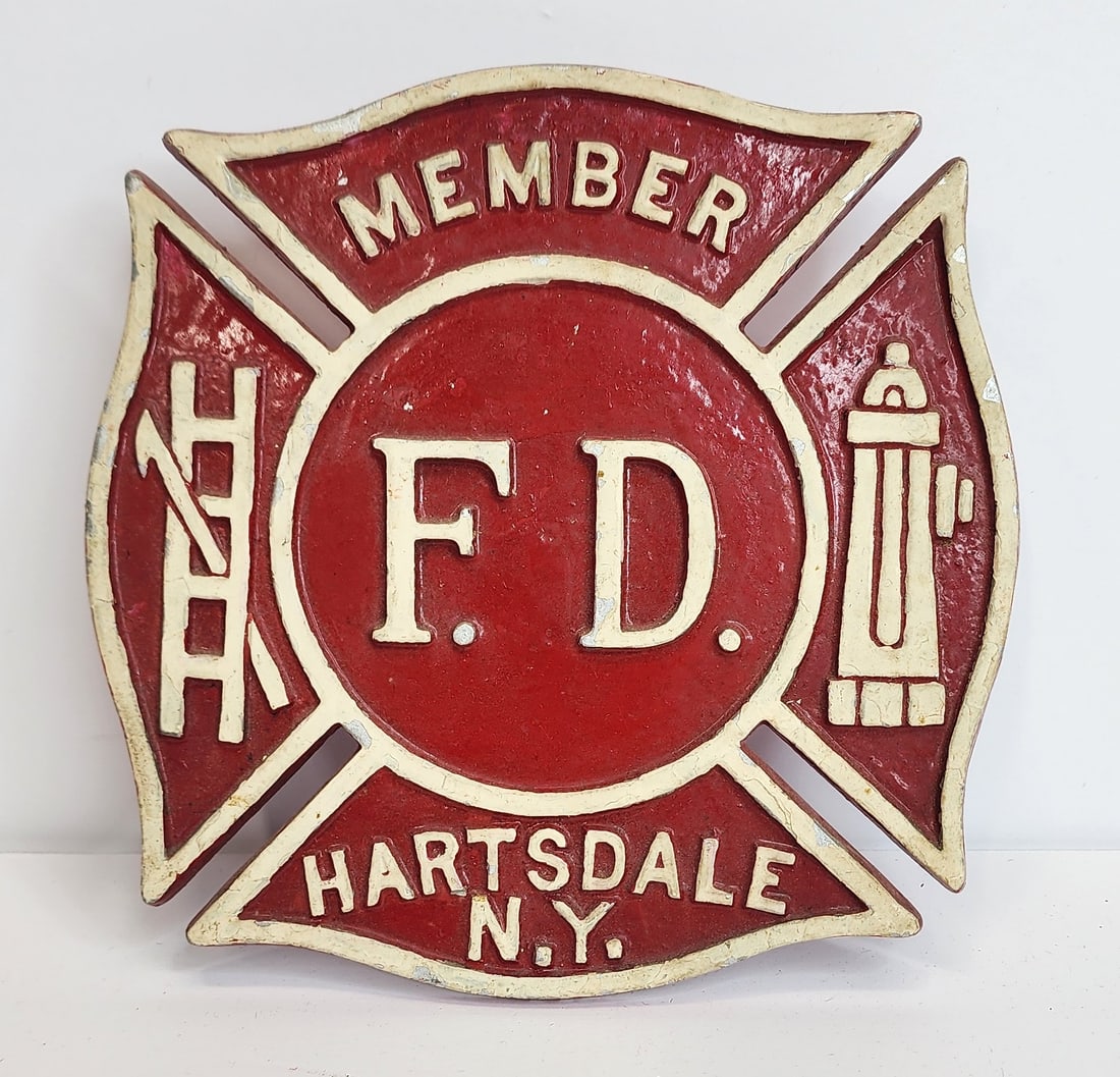 Hartsdale NY Firefighter License Plate Topper: Large aluminum license plate from the Hartsdale NY fire department. Measures 7" by 7".
