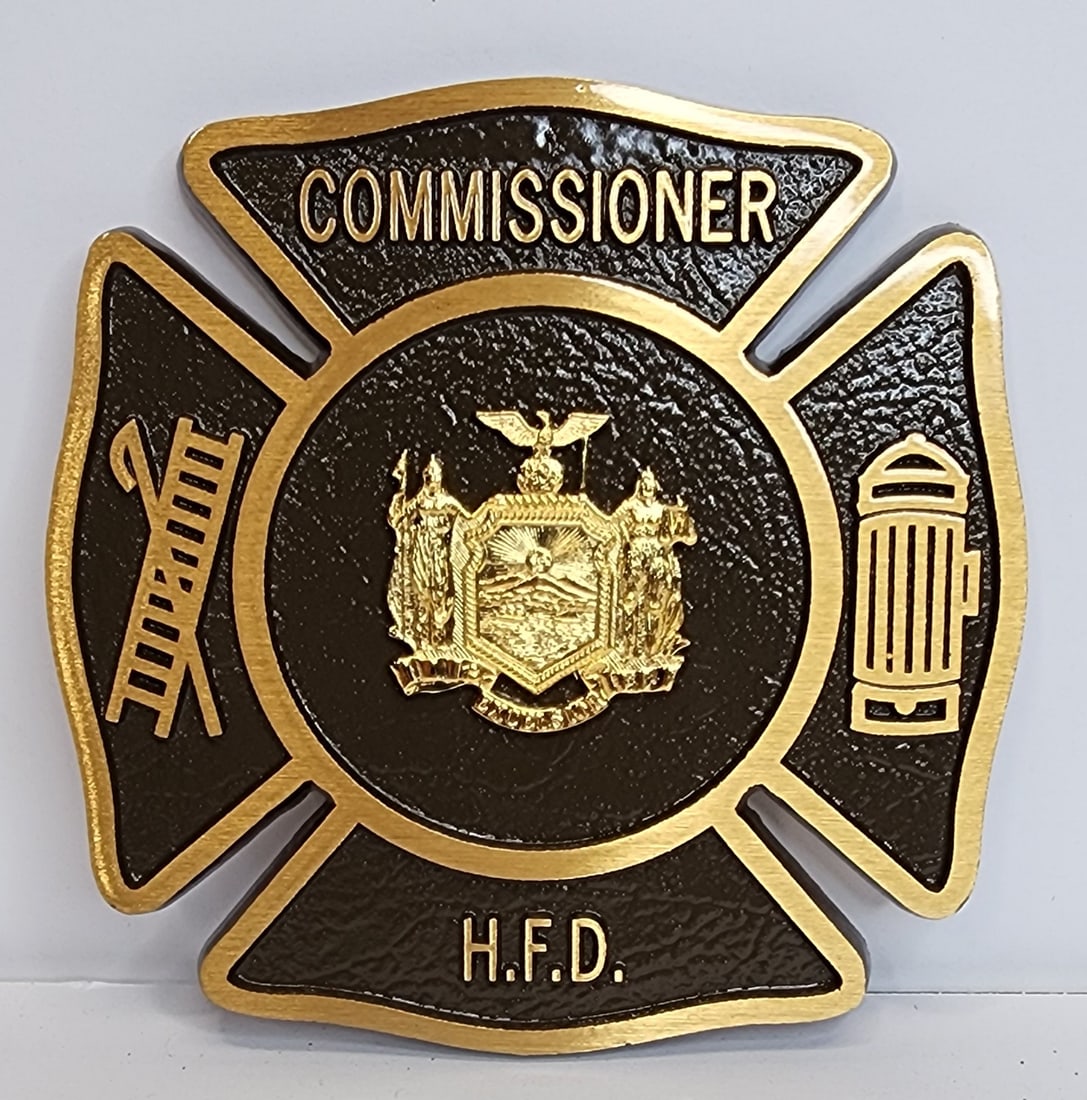 Hartsdale NY Fire Commissioner Plate: Heavy brass plate for the commissioner of the Hartsdale Fire Department. Measures 6" by 6"