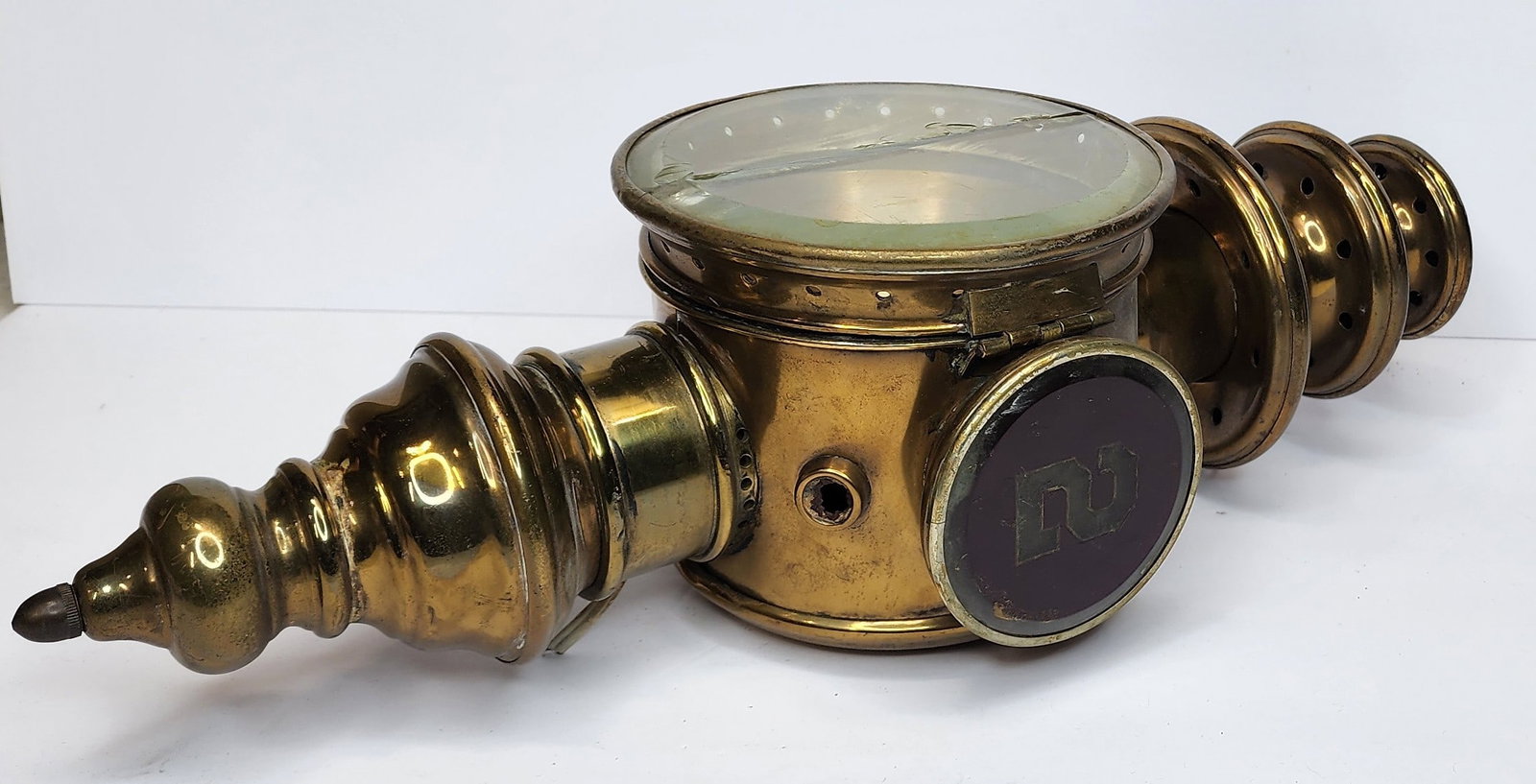 Devorsney Fire Engine Lamp: Fire engine side lamp with a number 2 engraved. The beveled glass is cracked and the unit was electrified at one time. 18 1/2" tall
