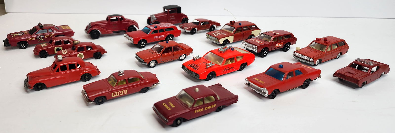 Lot of 17 Fire Truck Toys: Lot includes Lesney, Tomica, Siku, and others. Mostly diecaset