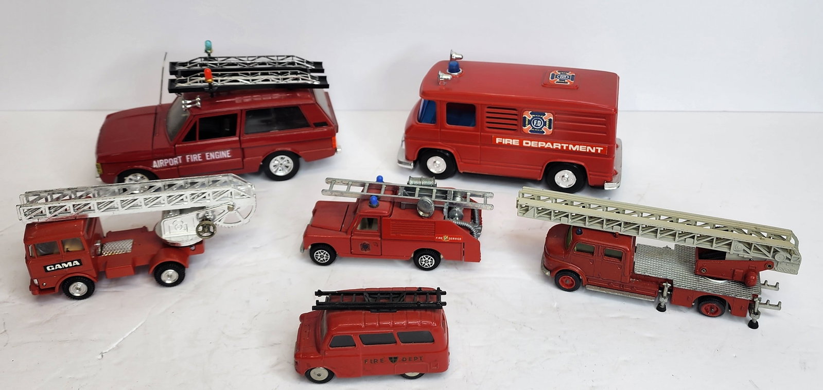 Lot of 6 European Fire Engine Toys: Includes Corgi Bedford Fire Tender, Gama, Siku, Dinky 109 Land Rover, Martoys Italy