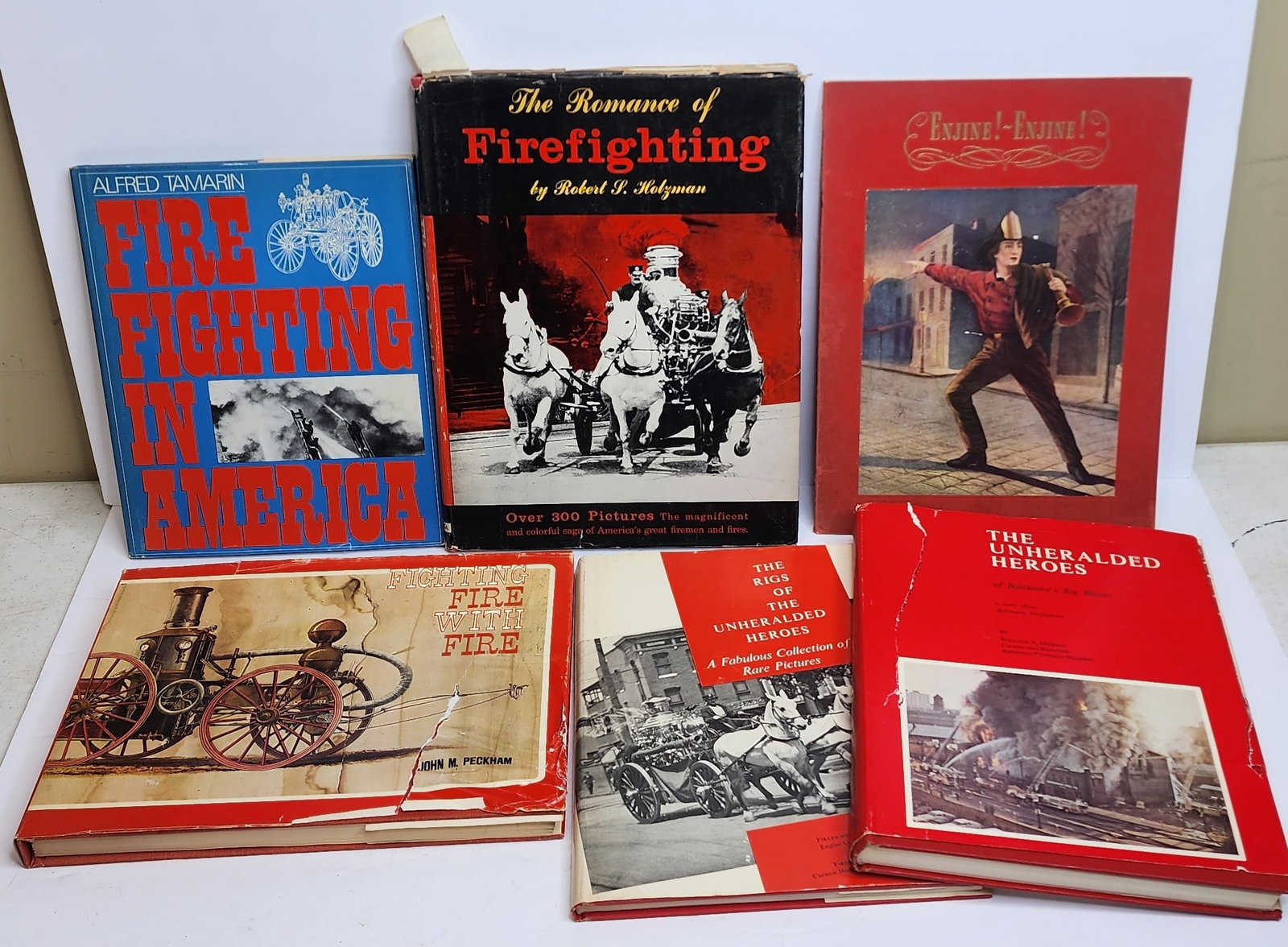 Lot of Firefighting Books: Includes Romance of Firefighting, Enjine Enjine, Unheralded Hero's Baltimore, Rigs of Unheralded Hero's Baltimore, ect