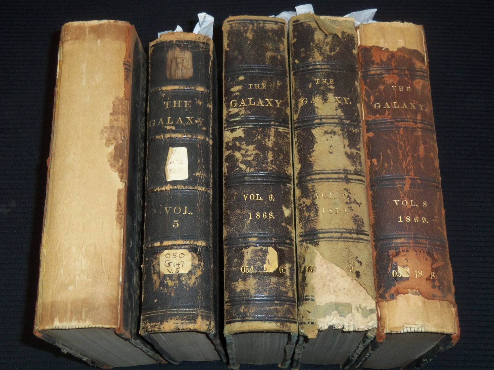 1868-1870 THE GALAXY MAGAZINE 5 BOUND VOLUMES - WINSLOW HOMER - MARK TWAIN: Lot of 5 bound volumes of The Galaxy magazine from 1868-1870. These feature Winslow Homer illustrations and some of Mark Twain's work.