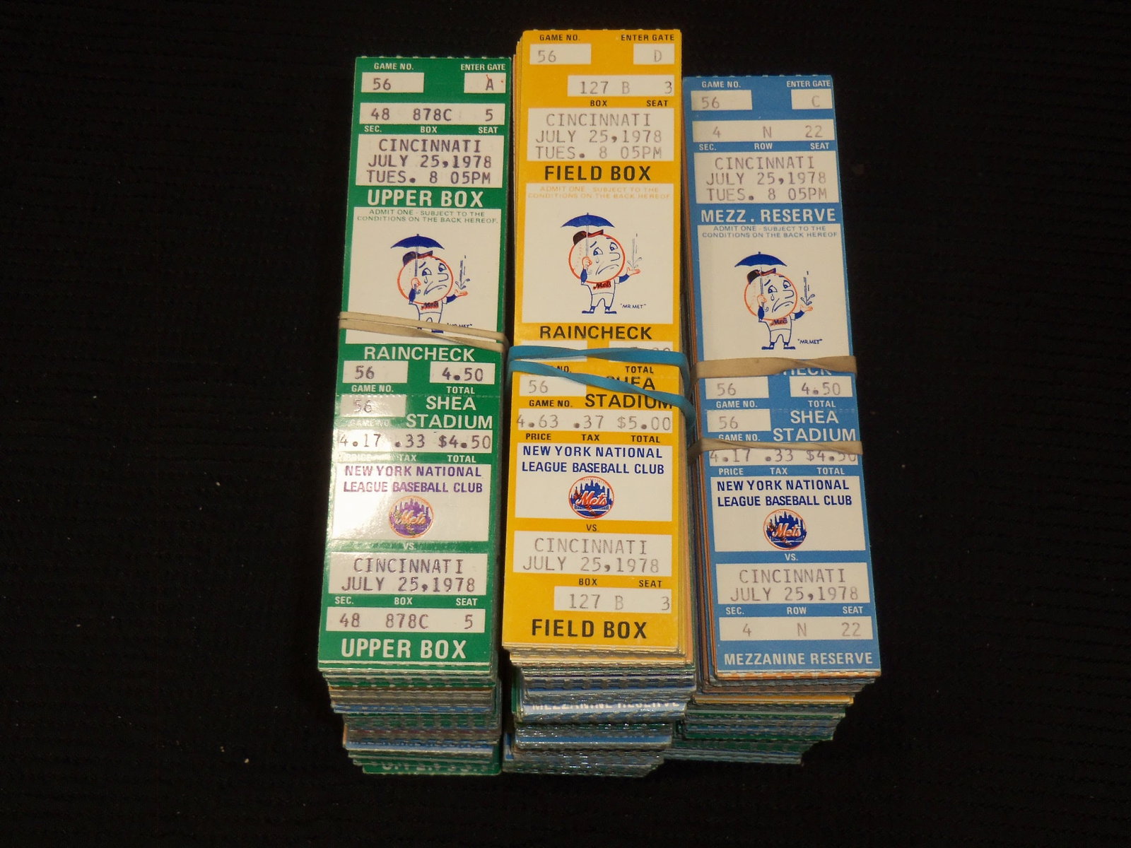 1978 JULY 25 METS VS. CINCINNATI UNUSED BASEBALL TICKETS - APPROX. 1000: Lot of approx. 1000 unused baseball tickets for the Mets Vs. Cincinnati game. These are all from the July 25, 1978 Game #56.