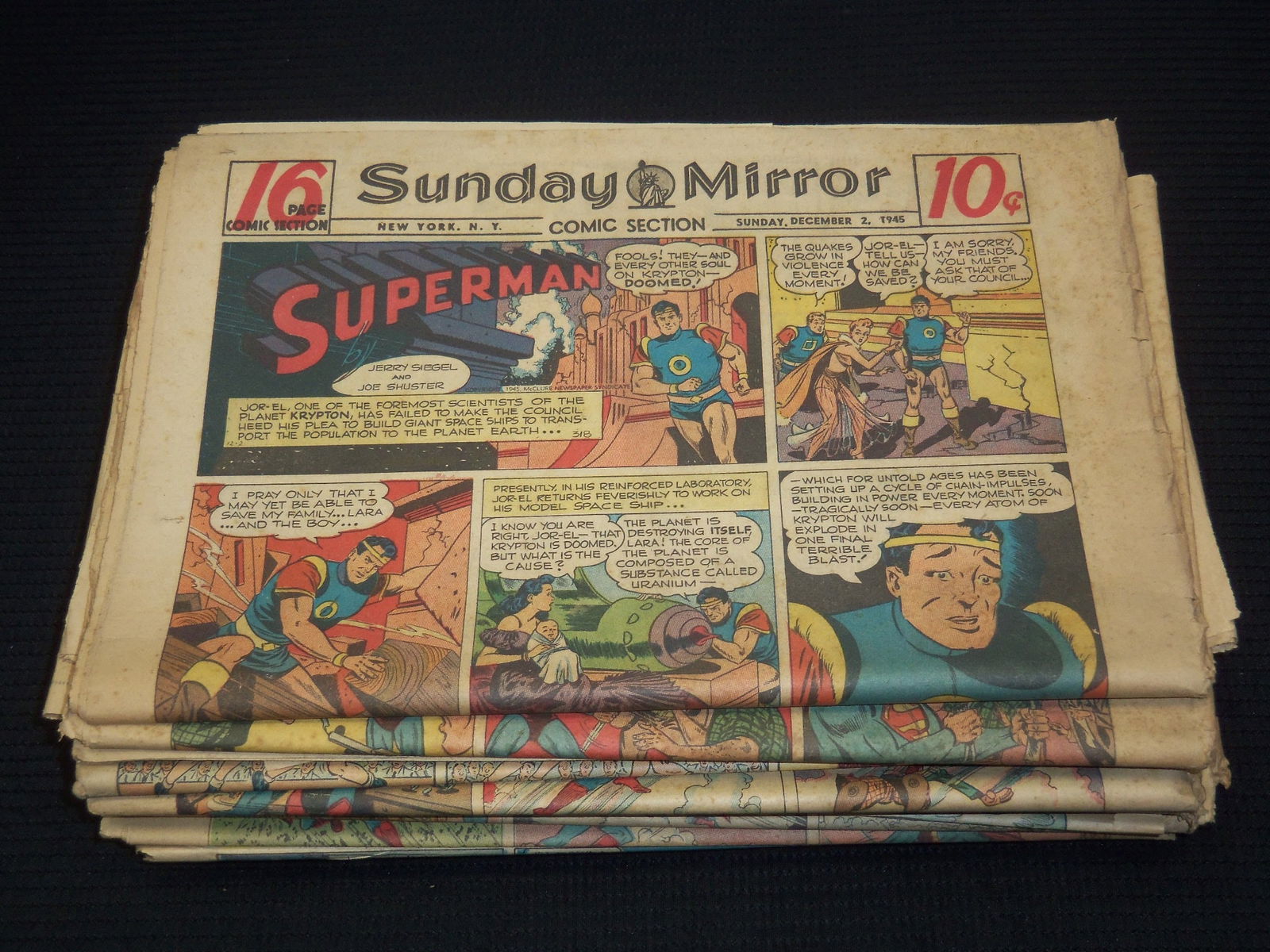 1944-1946 NEW YORK SUNDAY MIRROR - SUPERMAN - BATMAN COLOR COMICS - 25 PIECES: Lot of 25 issues of the New York Sunday Mirror newspaper from 1944-1946. All of these are folded.