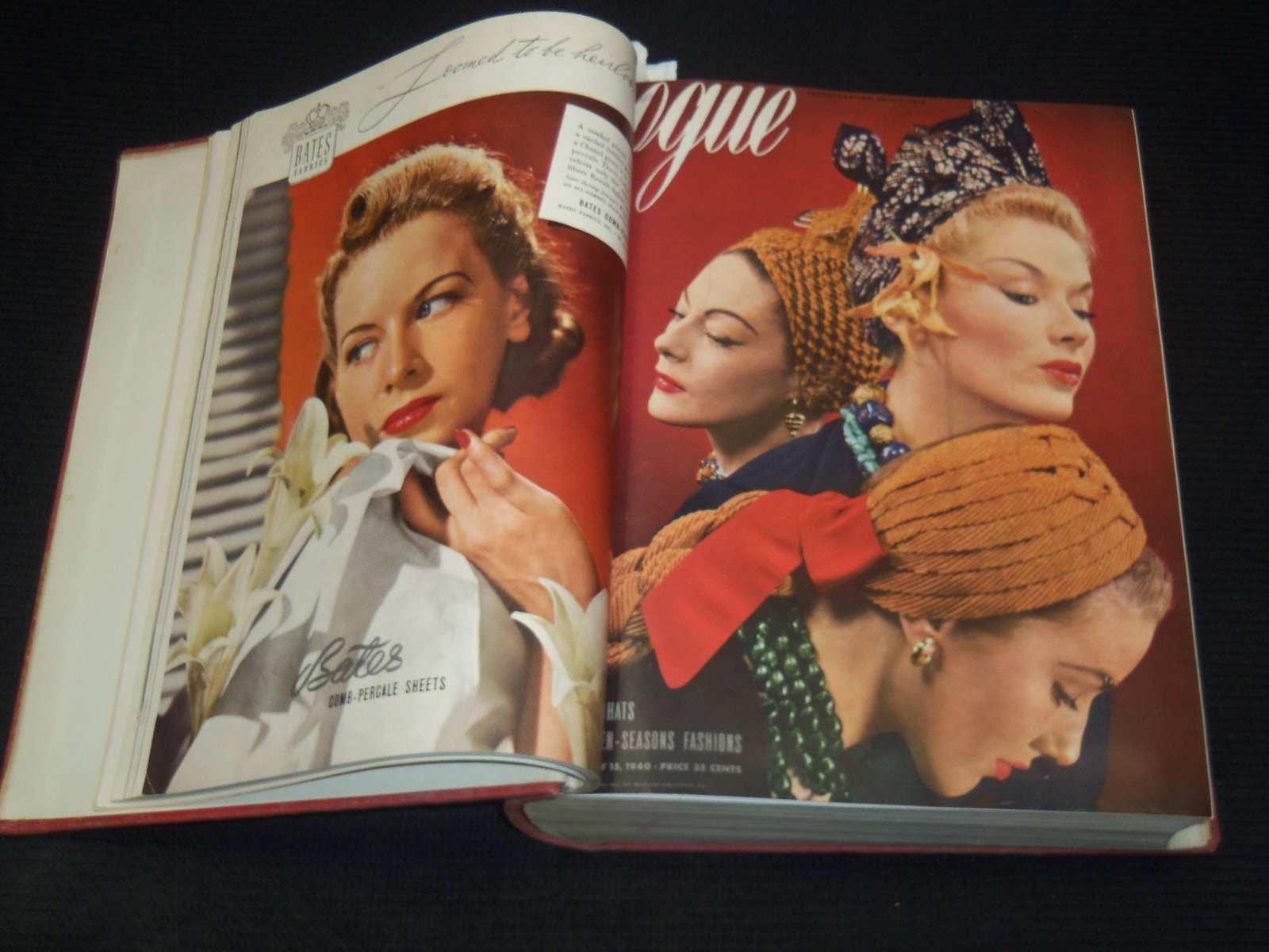 1940 JANUARY-JUNE VOGUE MAGAZINE BOUND VOLUME - GREAT COVERS - ADS: This is a bound volume of Vogue magazine from January-June 1940. There are a total of 12 issues, all of the covers are present. This is an ex-library volume. April 15th issue has one cut-out.