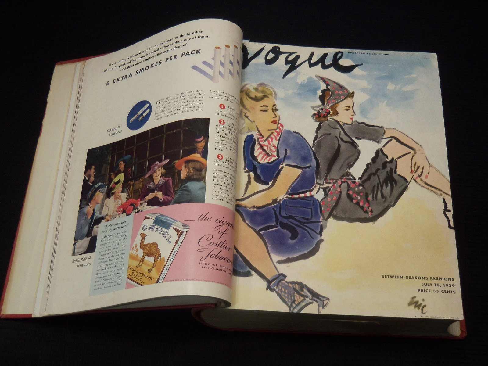 1939 JULY-DECEMBER VOGUE MAGAZINE BOUND VOLUME - GREAT COVERS - ADS: This is a bound volume of Vogue magazine from July-December 1939. There are a total of 12 issues, all of the covers are present. This is an ex-library volume. The back cover of the August 15th issue h