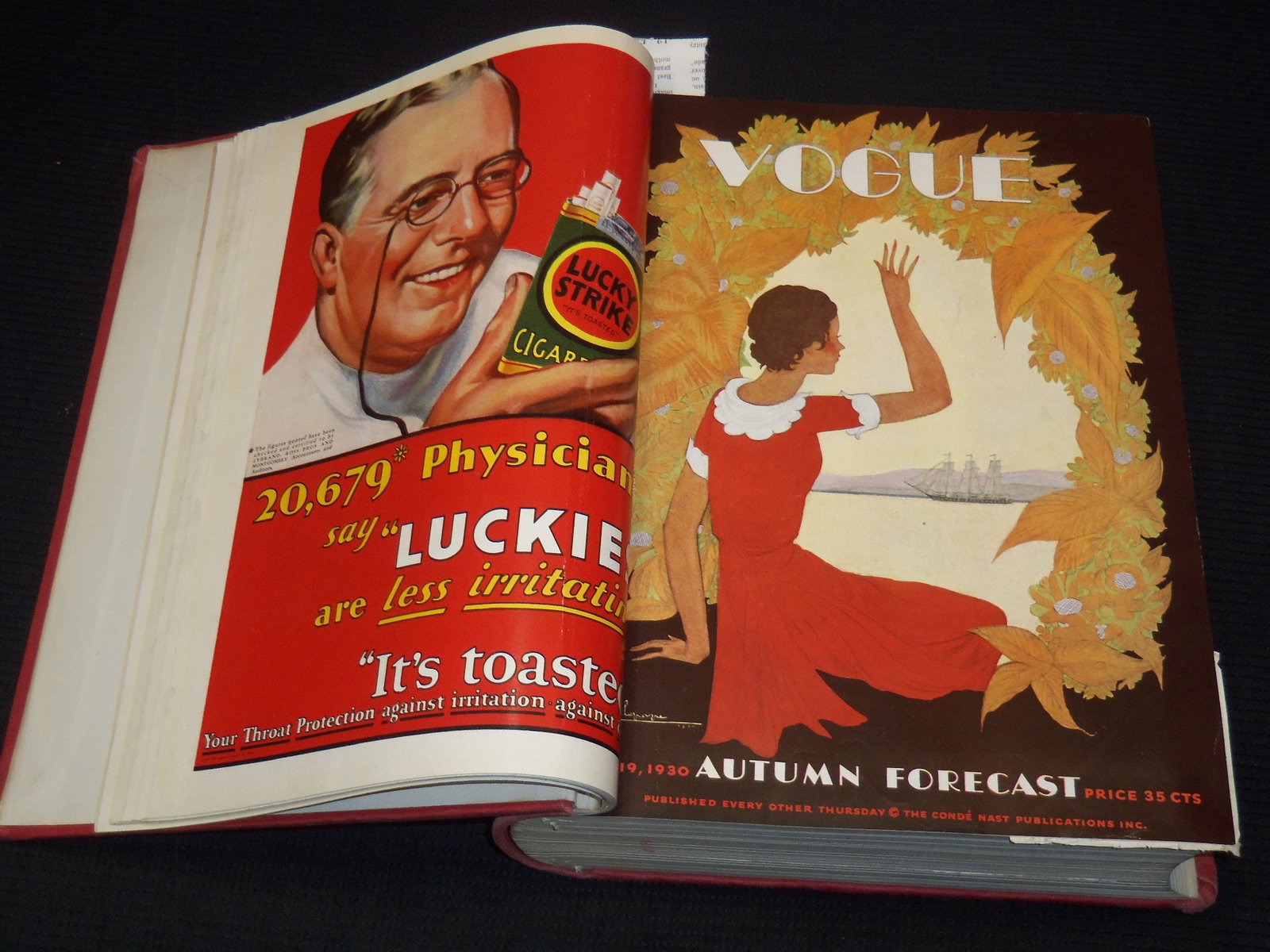 1930 JULY-DECEMBER VOGUE MAGAZINE BOUND VOLUME - GREAT COVERS - ADS: This is a bound volume of Vogue magazine from July-December 1930. There are a total of 12 issues. The August 2nd issue is missing the back cover and the August 16th issue is missing the front cover. O