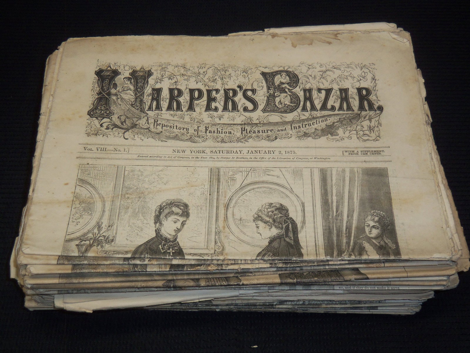 1875 HARPER'S BAZAR MAGAZINE LOT OF 44 ISSUES - FASHION - NICE ILLUSTRATIONS: Lot of 44 issues of the Harper's Bazar magazines from 1875. These feature great fashion illustrations. All of these are folded.