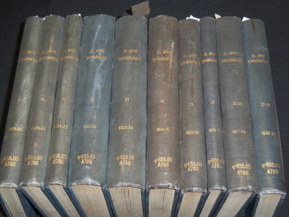 1919-1932 EL ARTE TIPOGRAFICO BOUND VOLUMES LOT OF 10 - SPANISH: Lot of 10 bound volumes of El Art Tipografico magazine from 1919-1932. The text is in Spanish.