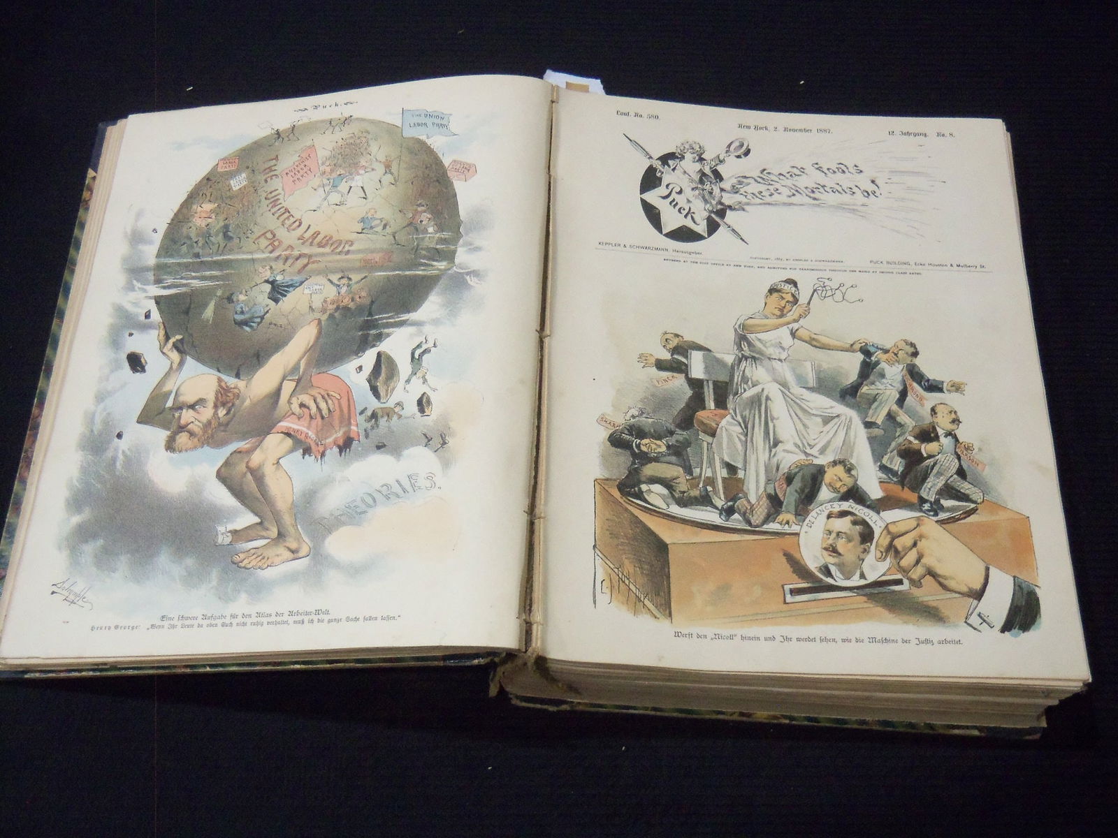1887-1888 PUCK ILLUSTRATED MAGAZINE VOLUME - GREAT COLOR ILLUS. - GERMAN (1 of 9)