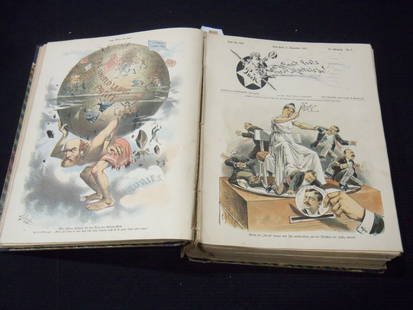 1887-1888 PUCK ILLUSTRATED MAGAZINE VOLUME - GREAT COLOR ILLUS. - GERMAN: A bound volume of Puck Illustrated magazine from September 14, 1887 to September 5, 1888. This is the German edition.